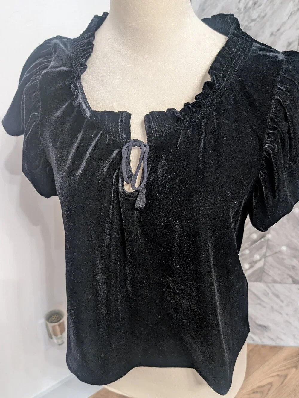 Black Velvet Tie-Neck Women's Top